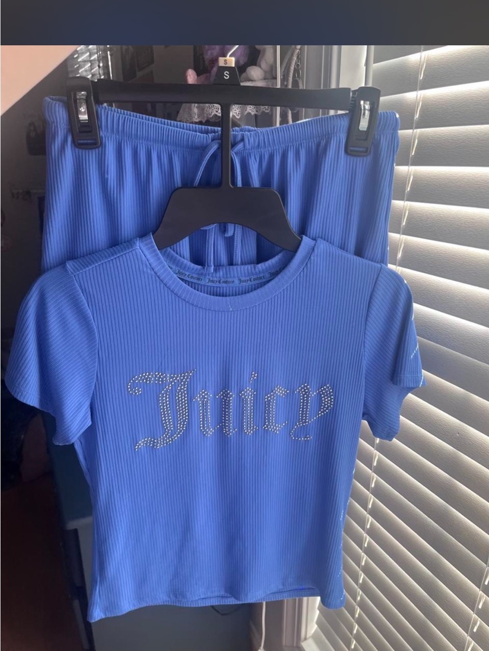 Juicy Couture Girls Blue Ribbed Rhinestone Logo Pajama Set